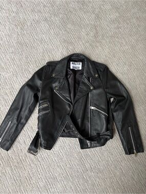 Walter Baker Black Leather Biker Jacket with Belt